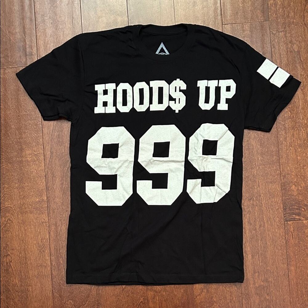 Hoods Up Black Graphic Tee with White Print, Size Small, NWOT
